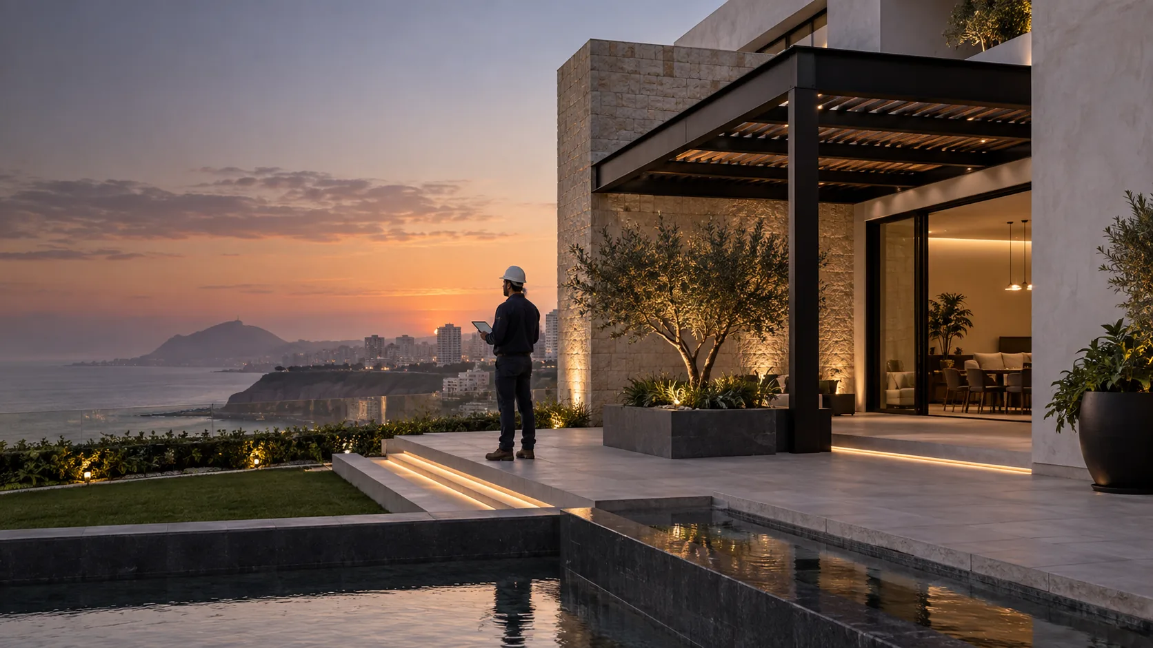 Residencia contemporánea con pérgola de estructura metálica
