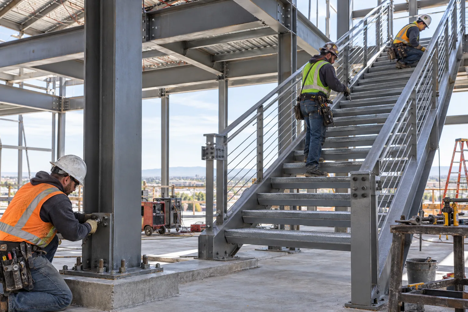 Instalación de escalera y estructuras de acero en una obra comercial