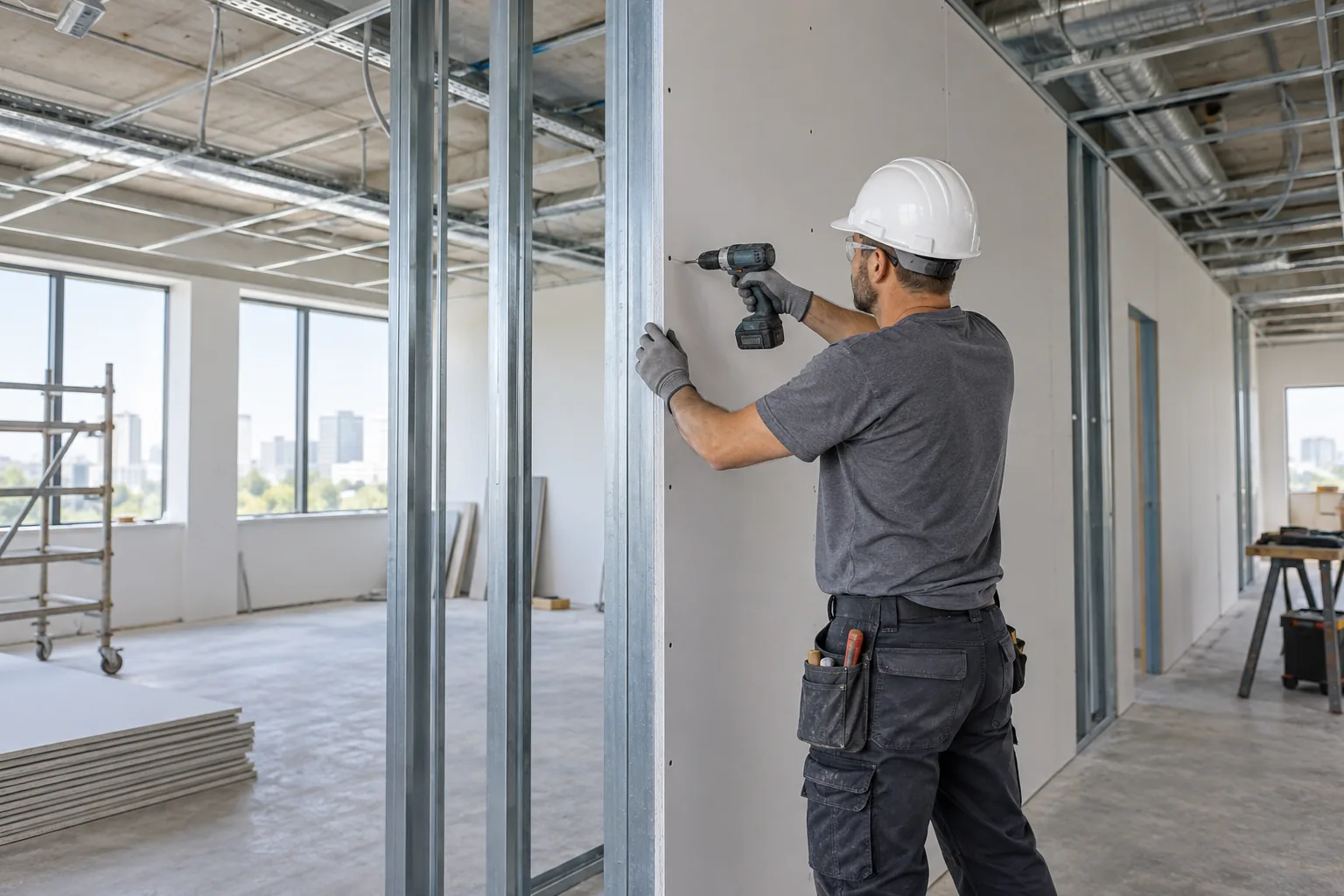 Instalación de placa de drywall sobre perfilería metálica en una oficina