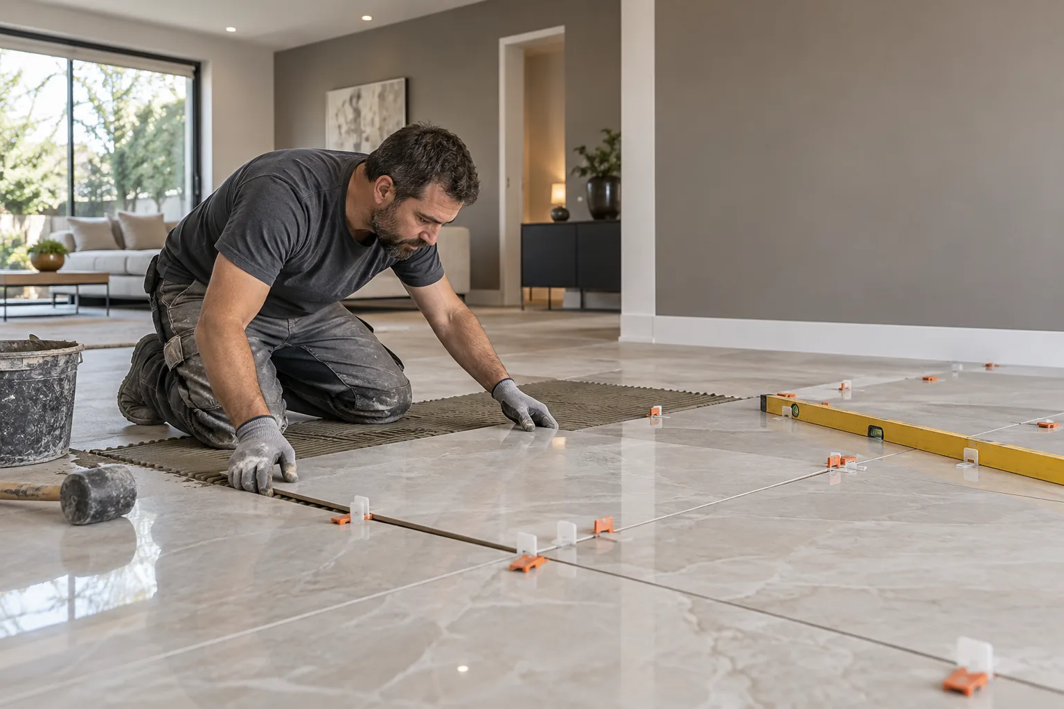 Instalación y nivelación de piso de porcelanato como acabado interior