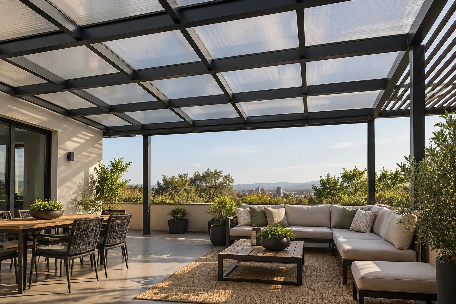 Terraza terminada con techo traslúcido y estructura sol y sombra