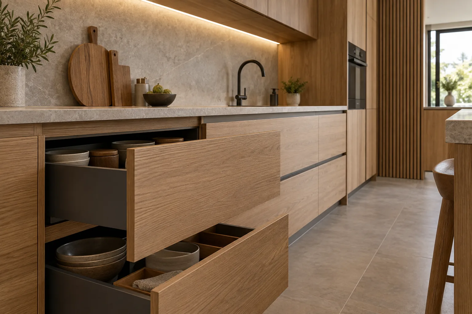 Mobiliario de cocina fabricado a medida en melamina y panel decorativo