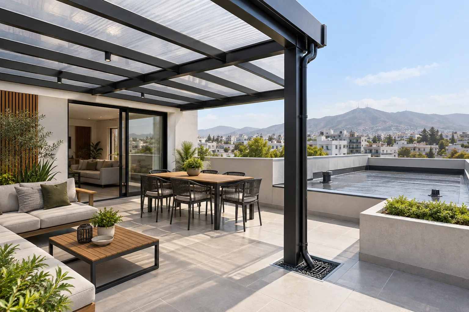 Terraza con techo traslúcido, estructura metálica e impermeabilización